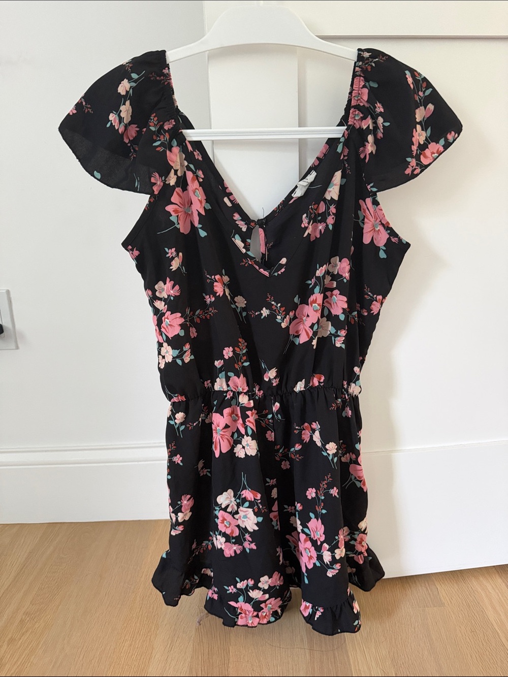 Pins & Needles Black Floral V-Neck Romper with Pink Blossoms